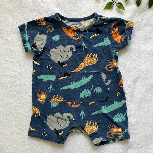 Old Navy Baby Romper 0-3M | Navy Jungle Animal Print One-Piece | GUC - Picture 1 of 16